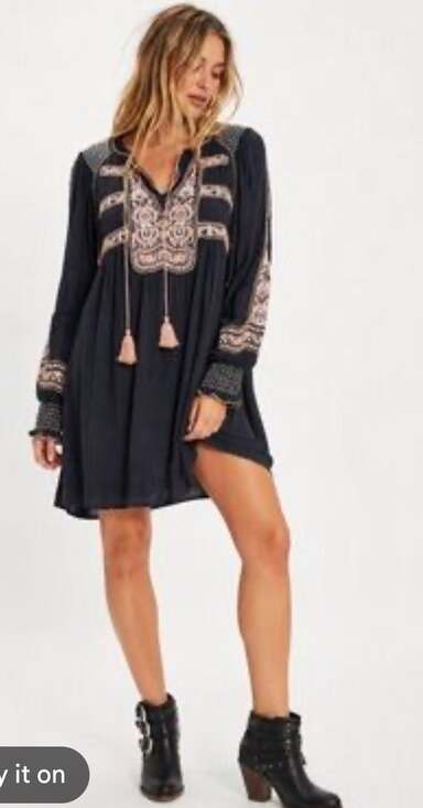 Free People Dresses & Skirts - Free People Wind Willow Embroidery Dress Black Mini Flowy Gypsy Summer Tunic